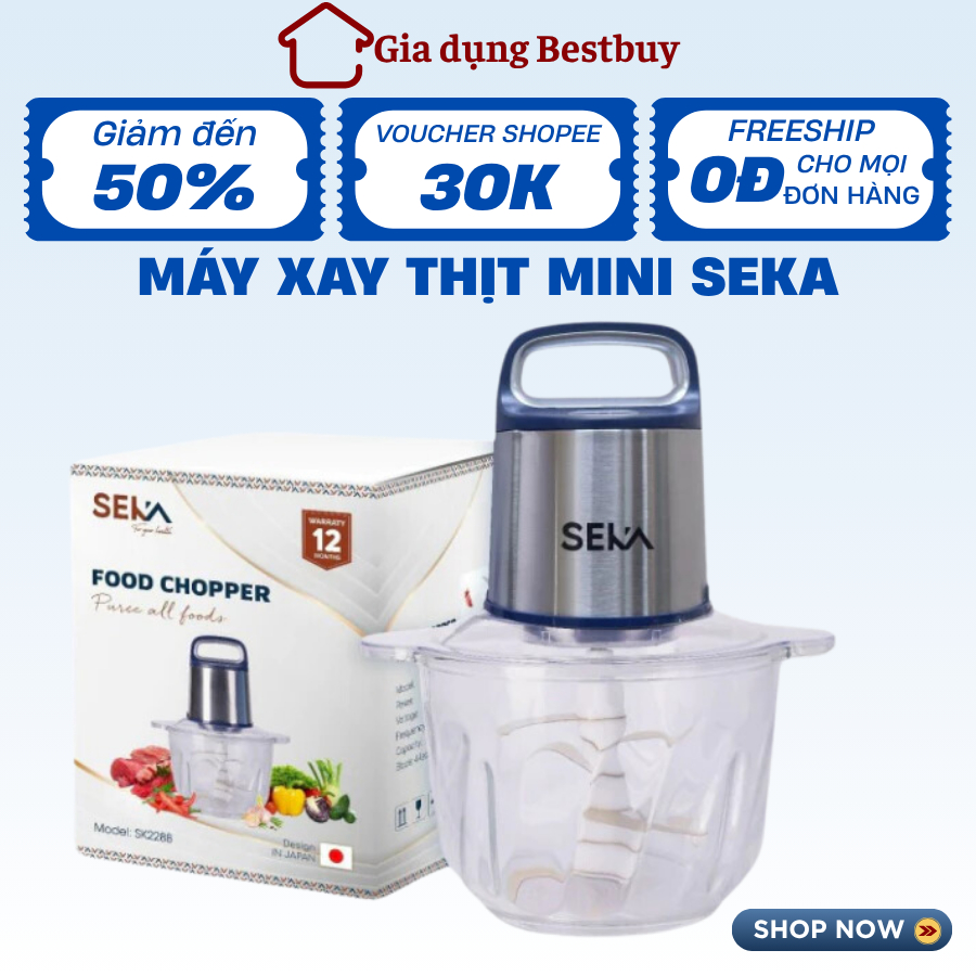 Máy xay thịt mini đa năng SEKA 4 lưỡi cối thuỷ tinh, công suất 500W, bảo hành 12 tháng
