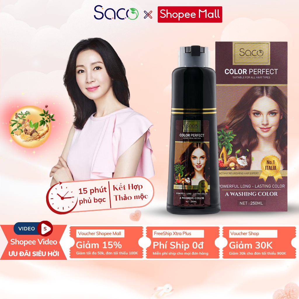 Dầu gội phủ bạc thảo dược chính hãng SACO, thành phần nhân sâm tự nhiên, nhuộm tóc đen sau 15 phút