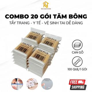 (Combo 20 Gói) 2000 Tăm Bông Cán Gỗ, Tăm Bông Ngoáy Tai, Tẩy Trang, Đa Dụng, An Toàn