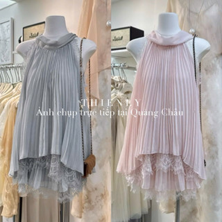 ( Ảnh thật ) 091 Set xếp ly viền ren áo yếm xuông buộc nơ lưng và chân váy lót quần lưng chun