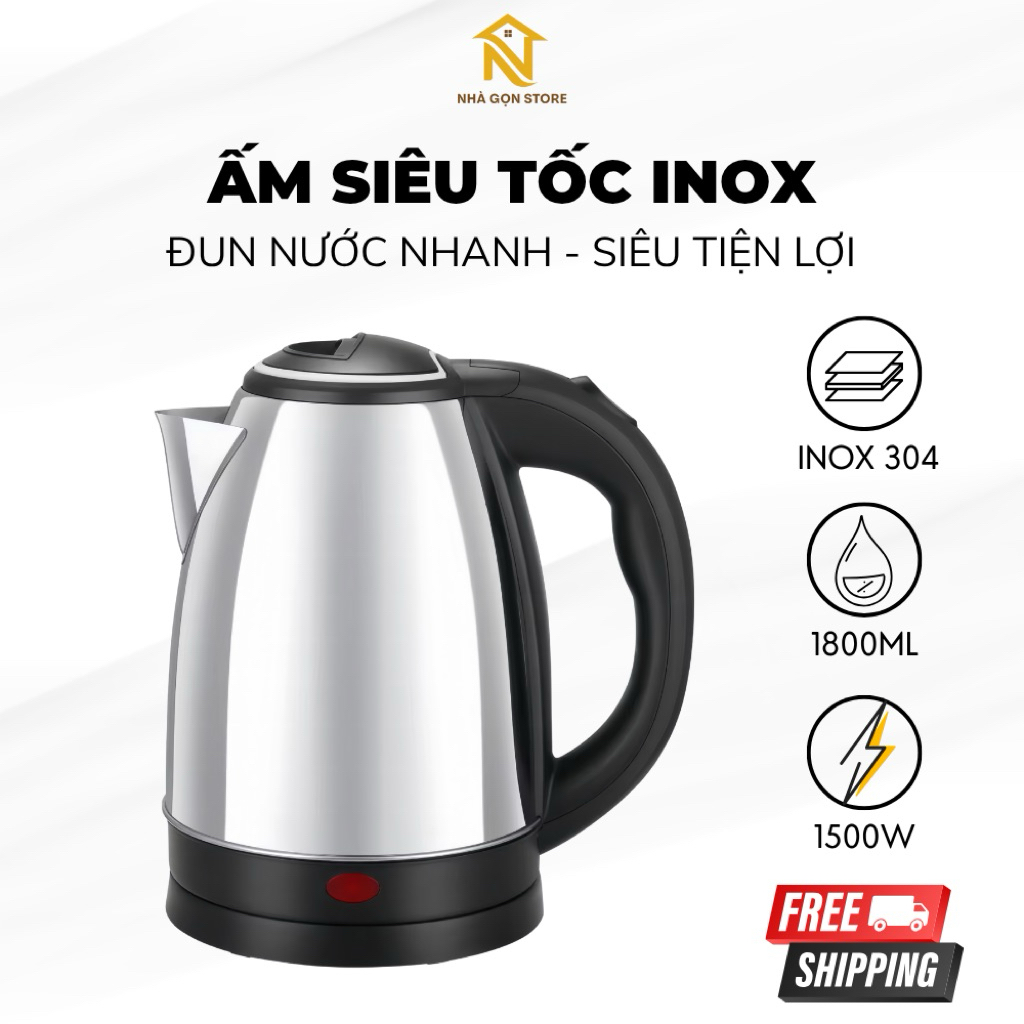 Ấm Siêu Tốc Inox 1.8L, Ấm Đun Nước Nhanh, Tự Ngắt An Toàn, Tay Cầm Cách Nhiệt, Đế Xoay 360 Độ