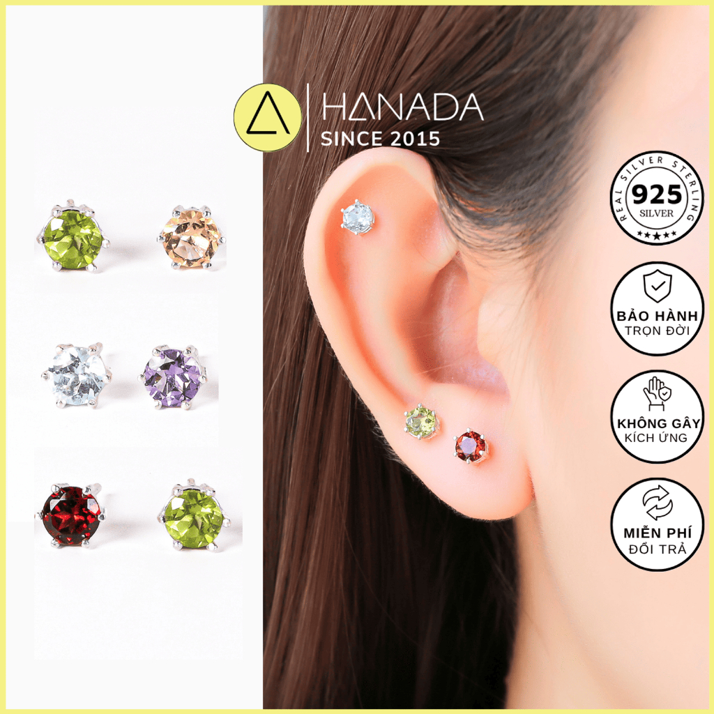 [BẠC 925-BH TRỌN ĐỜI]Bông Tai Bạc 925 Hanada Đá 5MM Nhiều Màu May Mắn, Khuyên Tai Mang hằng ngày Nam Nữ Unisex 1165 D14