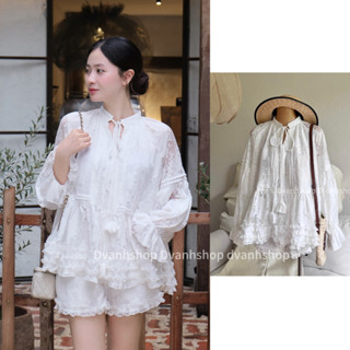 LYNBEE - (Chỉnh chủ d.vaanh ) Set Áo + Quần ren mềm mại (2 lớp) nhún bèo cho nữ size SM