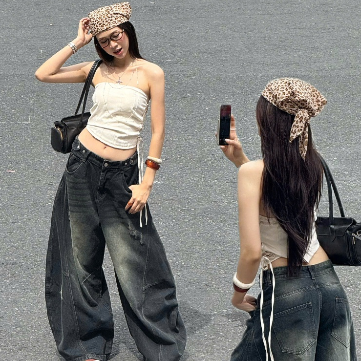 Quần Jeans Dài Ống Cong PREMIUM Form Rộng Wash Tôn Dáng Nam Nữ Thiết Kế Đai Siết Eo | SSSTore.Aesthetic | BigBuy360 - bigbuy360.vn