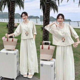 (Simple): Sét Áo Linen Be Dáng Babydoll Mix Quần Ống Rộng Cạp Chun Chạy Bèo Gấu Xinh Xỉu ( Ảnh Thật Trải Sàn Lolla_ye