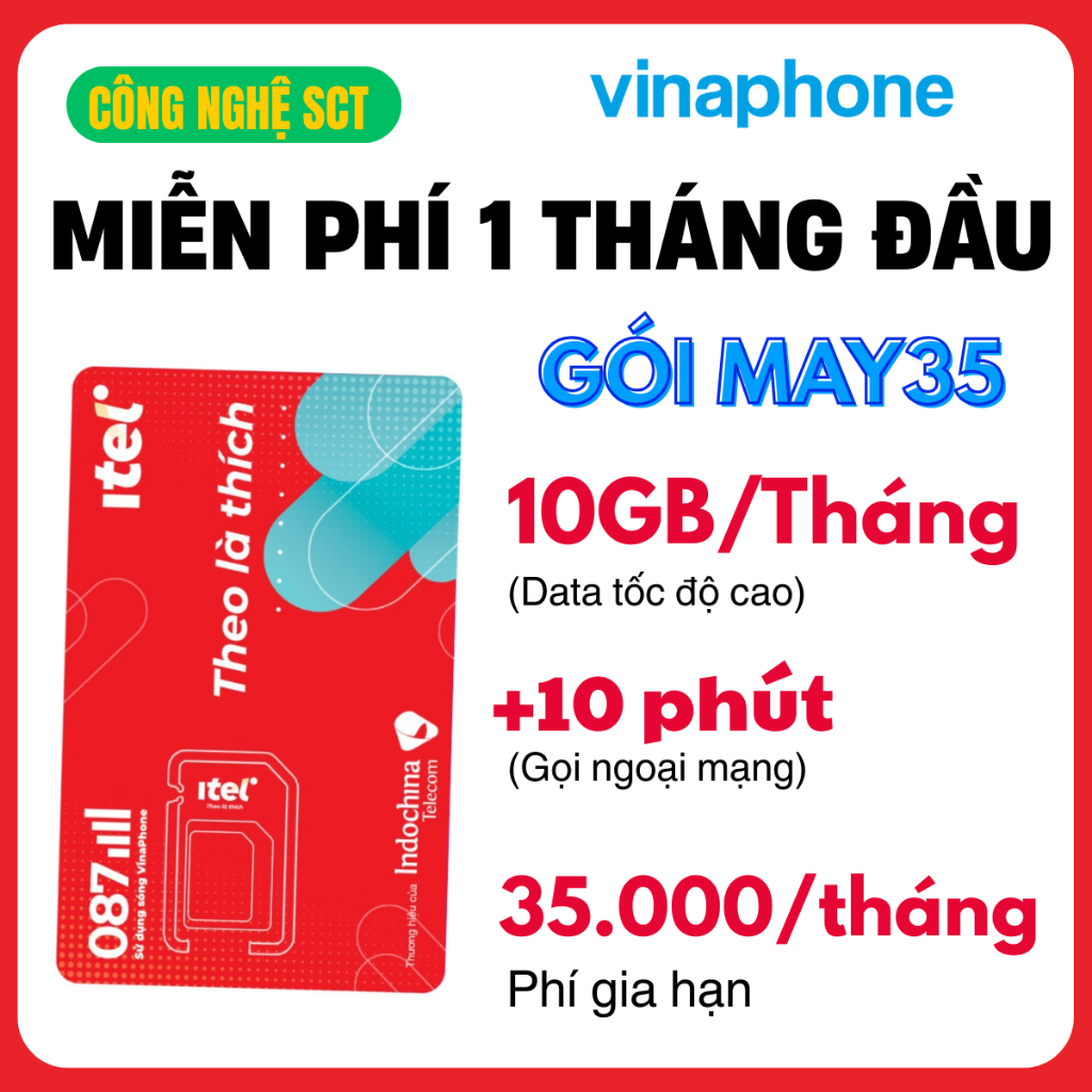 Sim Giá Rẻ ITEL Vinaphone 5G Tặng 1 Tháng Sử Dụng Miễn Phí MAY35 Data 10GB/Tháng + 10 Phút/Tháng Fre