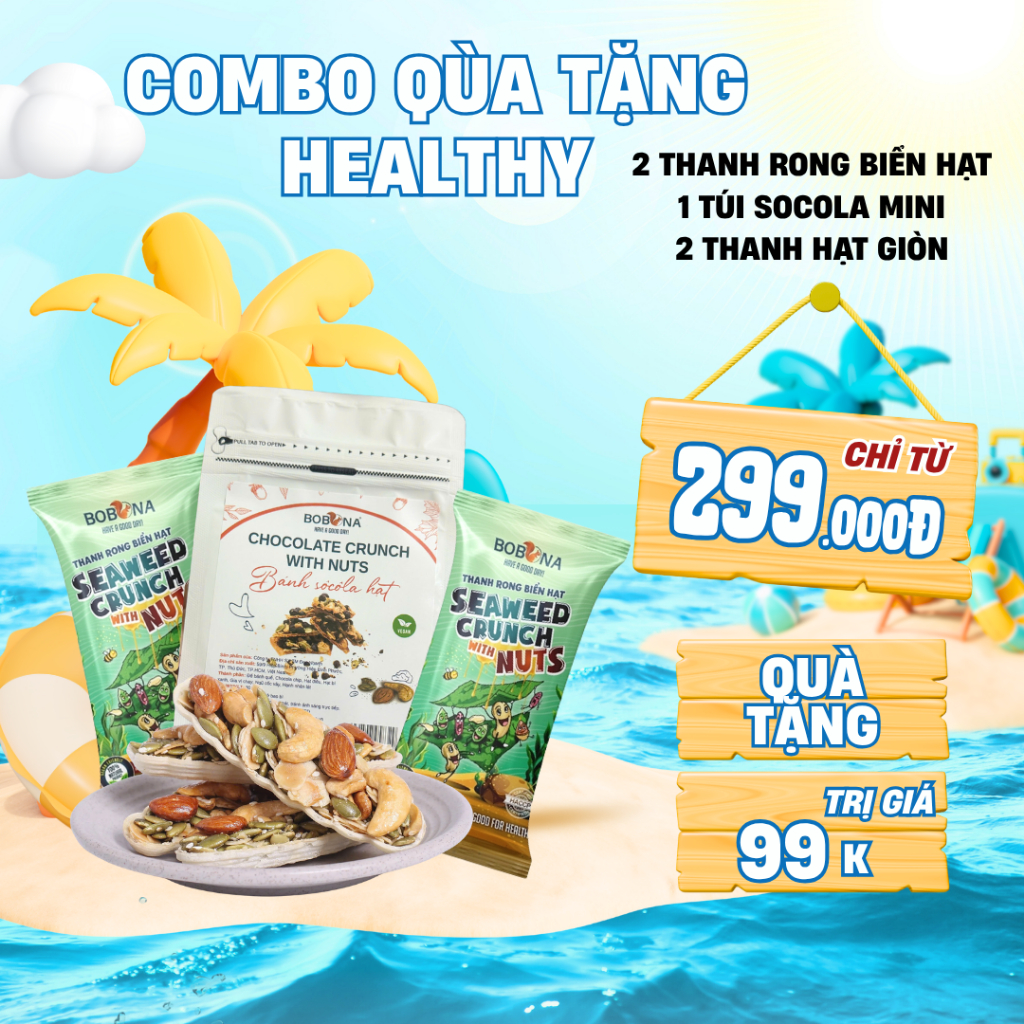 COMBO healthy: 2 thanh rong biển hạt, 1 túi bánh socola hạt 80g, 2 thanh hạt giòn BOBONA siêu hạt, d