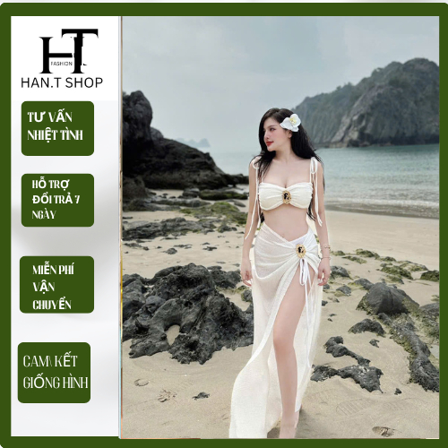 [ BKN 979 ]Bikini đồ bơi đi biển set ba món HAI TANG VÀNG chất ren mềm sang xịn