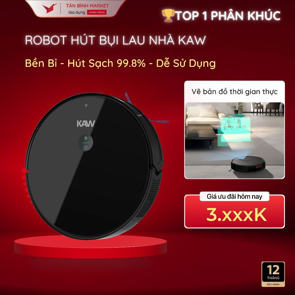 Robot Hút Bụi Lau Nhà KAW - Bản Quốc Tế, Lực Hút 10200Pa, Điều Khiển Từ Xa, Bảo Hành 36 Tháng