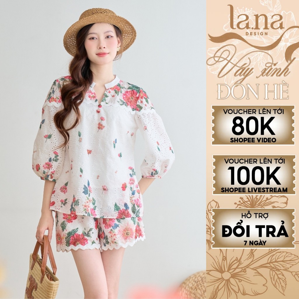 Set áo quần XUÂN THẢO thiết kế LANA DESIGN chất thô đục lỗ in hoa, đồ nữ đi biển, dạo phố - SQ223