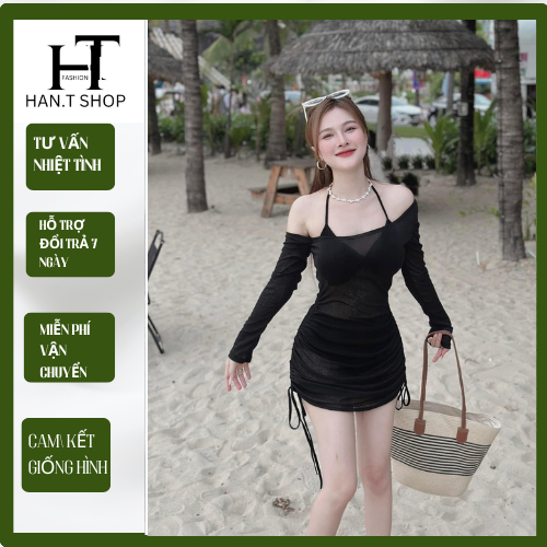 Bikini, Đồ Bơi đi biển 3 món bikini áo bra có mút kèm đầm thun giấy chuẩn hình HAN.T Shop HT004