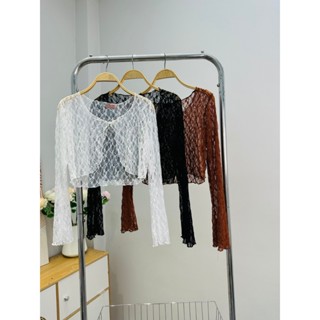 Áo khoác cardigan croptop dài tay nữ vải ren lưới hoa xuyên thấu khoác áo kiểu đầm hở sang chảnh bigsize c5 đen/nâu/ trắ