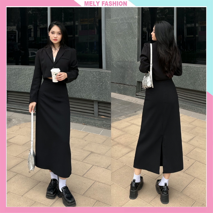 Chân váy dài 80cm midi dáng suông Mely Fashion chữ A cạp cao che giấu bụng tốt tôn dáng có xẻ sau có bigsize CV59-01
