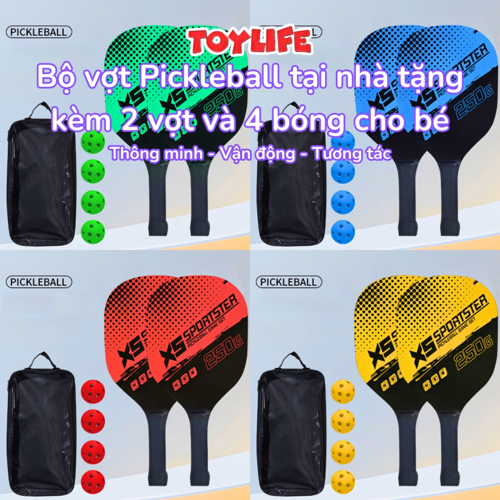 Bộ vợt pickleball tại nhà tặng kèm 2 vợt và 4 bóng cho bé vợt chơi bóng pickleball siêu nhẹ trẻ em T