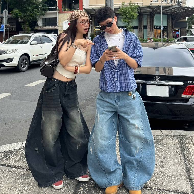 Quần Jeans Dài Ống Cong PREMIUM Form Rộng Wash Tôn Dáng Nam Nữ Thiết Kế Đai Siết Eo | SSSTore.Aesthetic | BigBuy360 - bigbuy360.vn