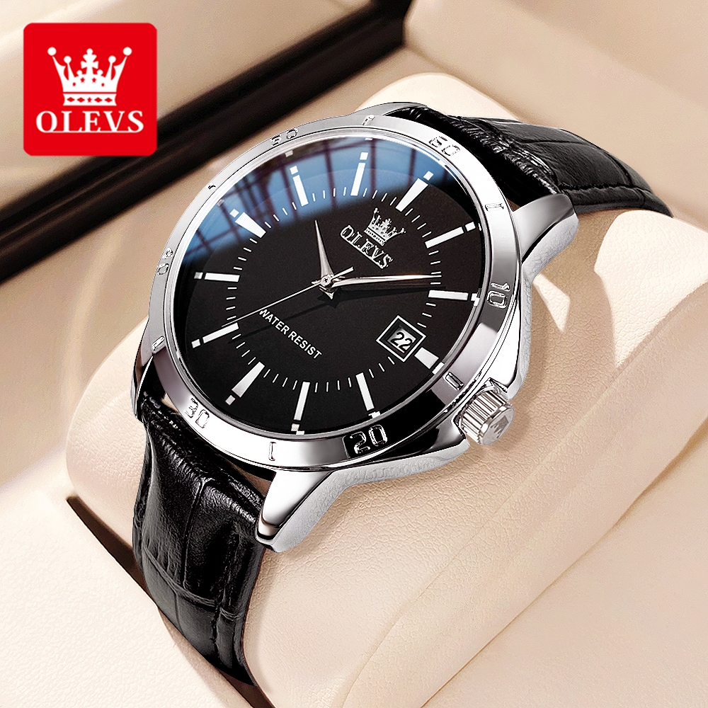 OLEVS Đồng hồ nam Chống nước Chính hãng Dây da Thiết kế đơn giản Lịch ngày Thạch anh TY716