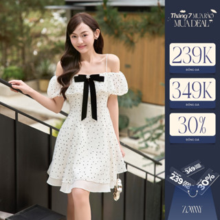 ZAMYSHOP - Váy TK tơ chấm bi đính nơ váy xinh sang chảnh, váy xinh nhẹ nhàng, váy nàng thơ