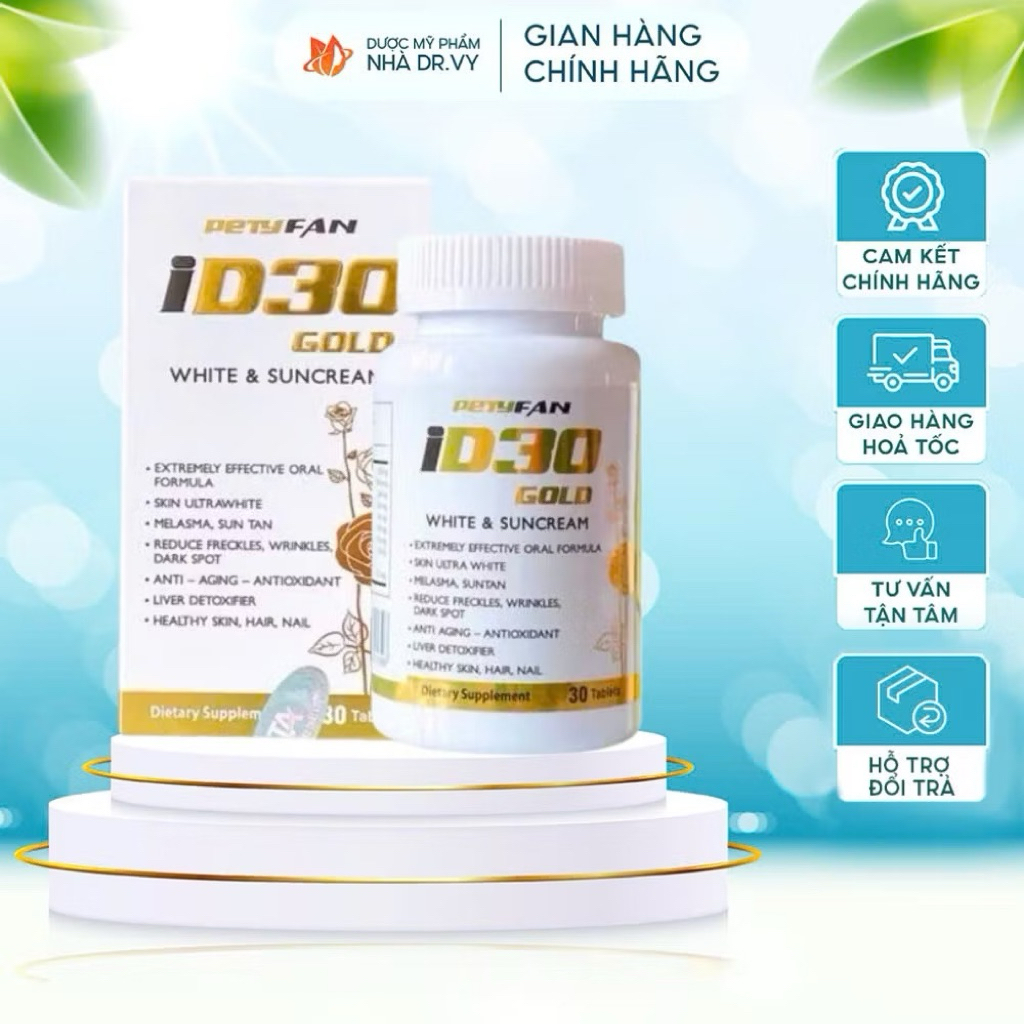 Viên uống trắng da Petyfan ID30 Gold - Hộp 30 viên trắng da, chống nắng