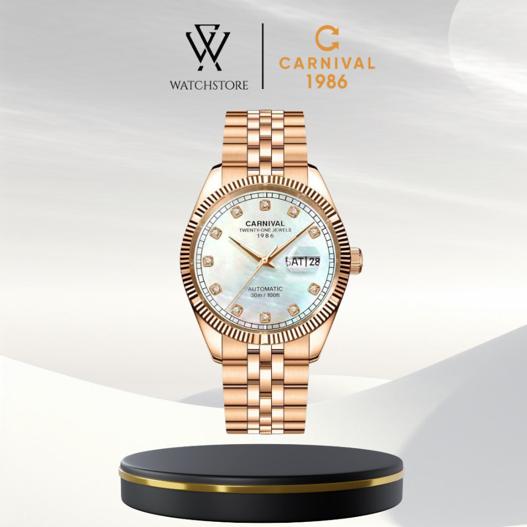 Đồng Hồ Cơ Nam Carnival 8131G-VH-TK Xà Cừ Trắng Dây Kim Loại Mạ Vàng Hồng Không Gỉ Mặt Kính Sapphire
