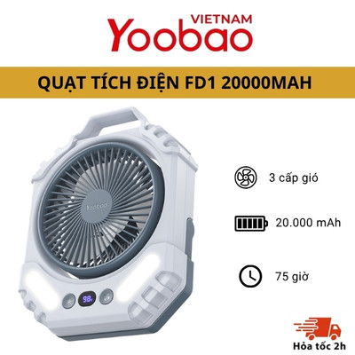 Quạt tích điện FD1 20000mAh Yoobao có 3 cấp độ gió, thời gian hoạt động tối đa lên đến 75 giờ, tích hợp đèn led