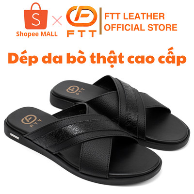 Dép da bò nam đan chéo phối họa tiết monogram FTT Leather đế cao su siêu nhẹ đi êm chân