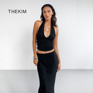 THEKIM  Set Lẻ áo yếm nhún eo ( không mút ) và chân váy dài xẻ sau ôm sát , chất liệu soft rib 100% cotton