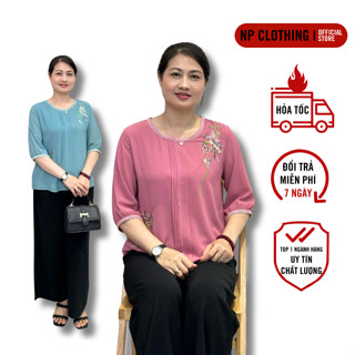   ẢNH THẬT  Áo Trung Niên A811 Kiểu Sơ Mi Thêu Hoa Cổ tròn Xếp ly Phối Ren Thời Trang NP CLOTHING 