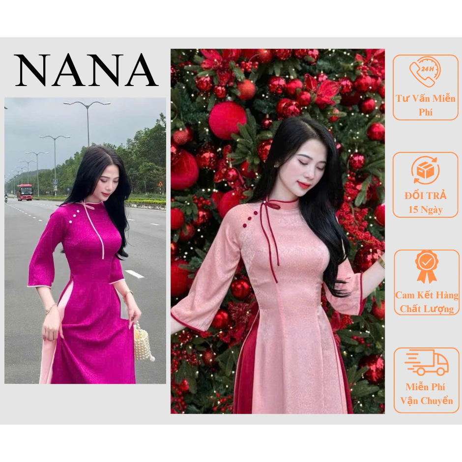 Áo Dài Lụa Gấm Truyền Thống 2 Tà Đính Nơ Phối Viền Nổi Bật, chất liệu cao cấp, mềm mại Áo dài NANA