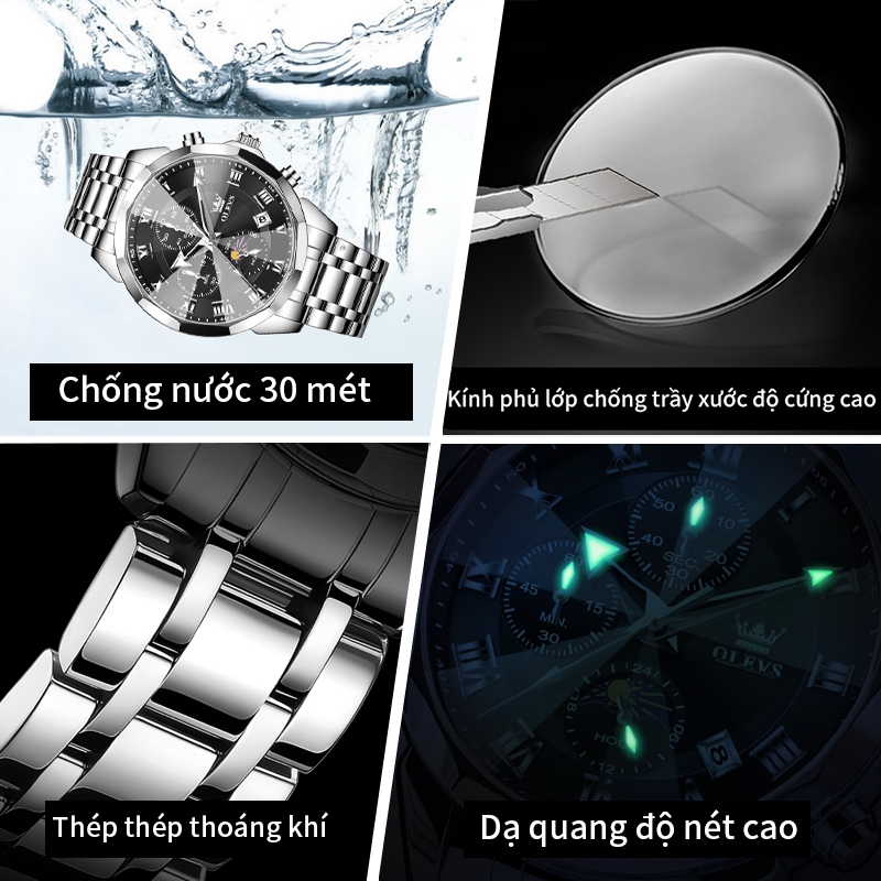 OLEVS Đồng hồ nam Chống nước Chính hãng Dạ quang Bấm giờ Lịch ngày Thạch anh Dây thép không gỉ 3675 | BigBuy360 - bigbuy360.vn
