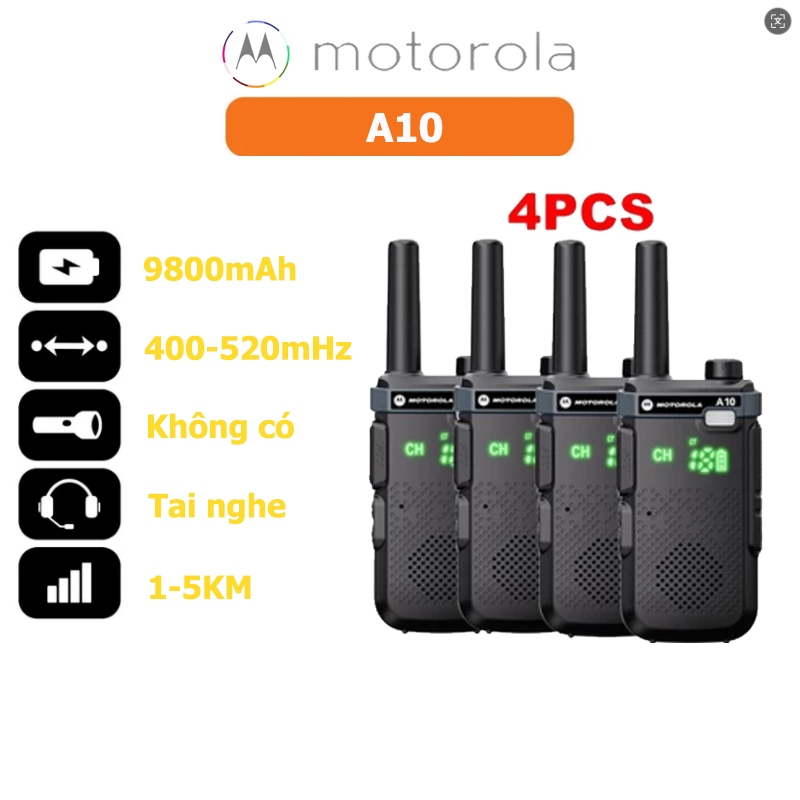 Combo 4 Cái Bộ Đàm Motorola A10 Kèm Tai Nghe Cự Ly Đến 8km Full Phụ Kiện, 199 Kênh Tần Số 400.00- 470.00MHz