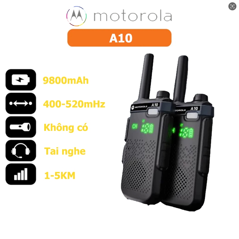 Combo 2 Cái Bộ Đàm Motorola A10 Kèm Tai Nghe Cự Ly Đến 5km Full Phụ Kiện, 199 Kênh Tần Số 400.00- 470.00MHz