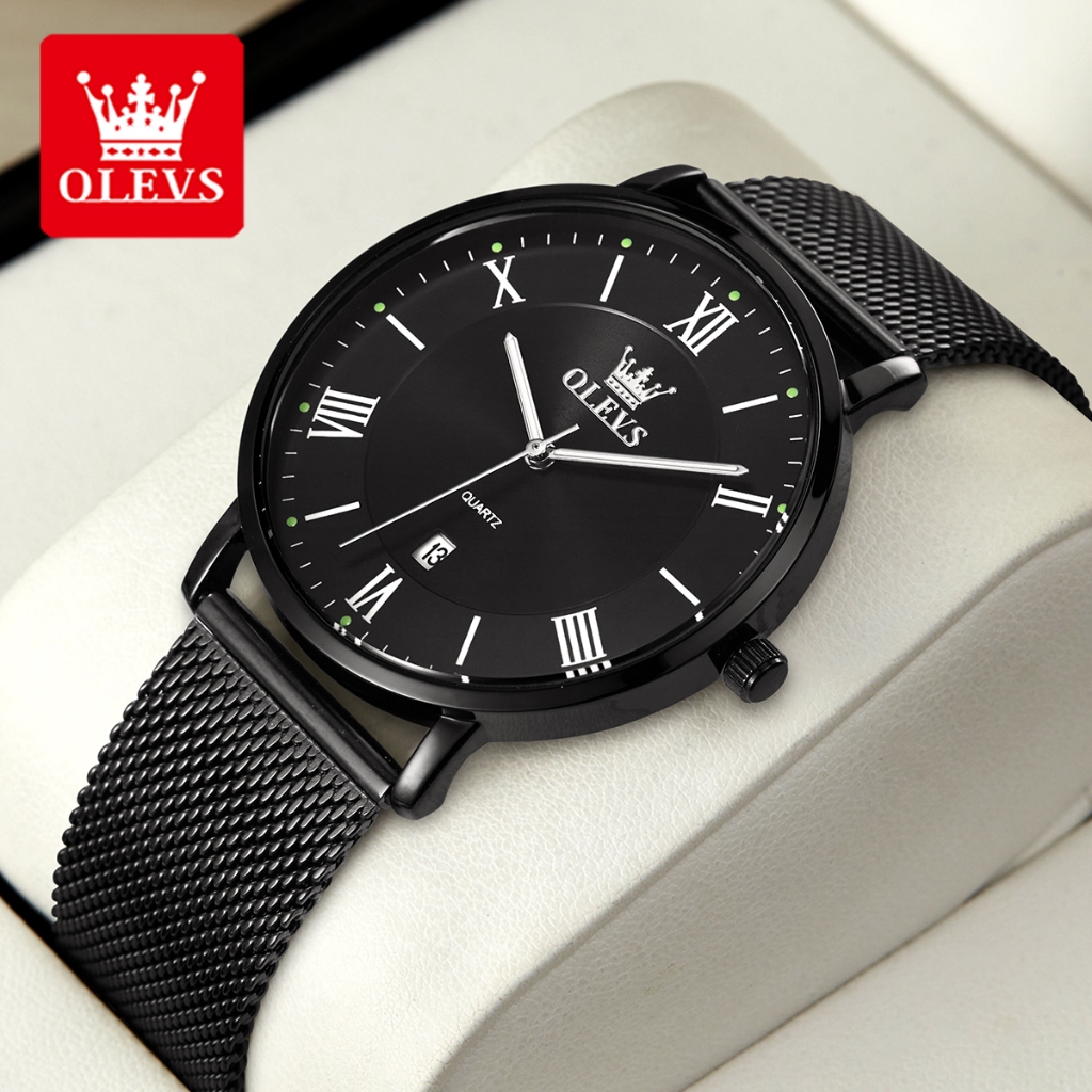 OLEVS Đồng hồ nam Chống nước Chính hãng Dạ quang Lịch ngày Siêu mỏng Thạch anh Dây lưới 5623
