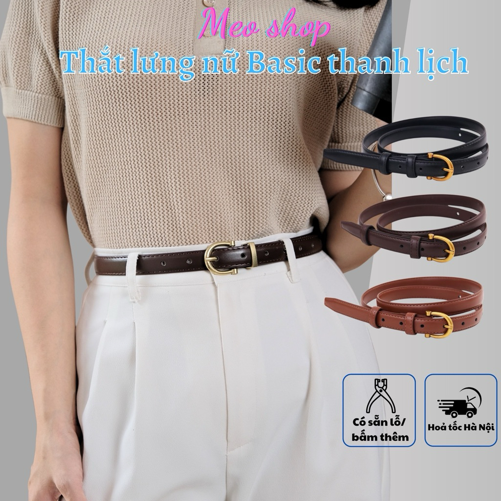 Thắt lưng nữ bản nhỏ TL024 Meo shop size 1.8cm da đẹp Dây thắt lưng nịt quần áo nữ mặt vàng nhỏ xinh kiểu hàn quốc
