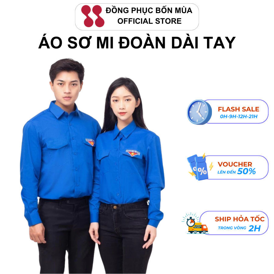 Áo sơ mi Đoàn thanh niên nam nữ dài tay chất cao cấp - Áo đoàn thanh niên logo in 1 túi ngực - Đồng phục đẹp