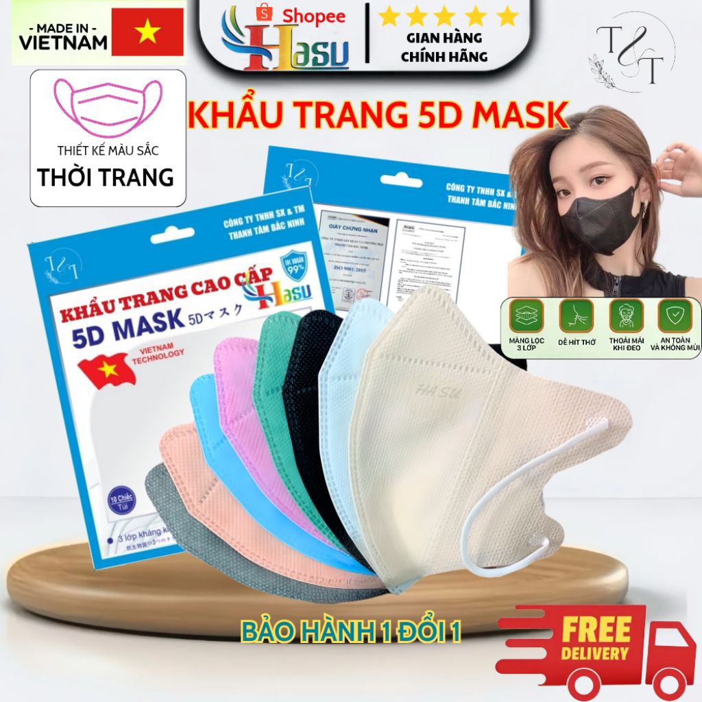 [ Thùng 600-500-300 Chiếc ] Khẩu trang 5D HASU 3 Lớp Kháng Khuẩn Cao Cấp Chính Hãng, Dày Dặn, Chống 