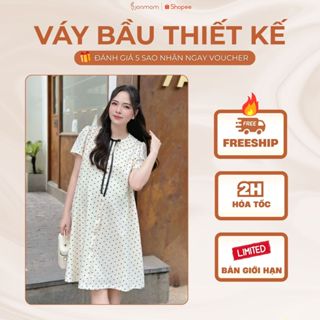 [GIỚI HẠN] Váy Bầu Suông Chấm Bi Cổ Sen Chất Mango Hàn Cao Cấp Thanh Lịch Thết Kế Joamom - JTVB156