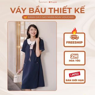 [NEW] Đầm Bầu Suông A Joamom Cổ Sen Phối Nơ – Xanh Navy Chất Xước Ý Phối Chéo Mềm Mát Cao Cấp - JTVB141