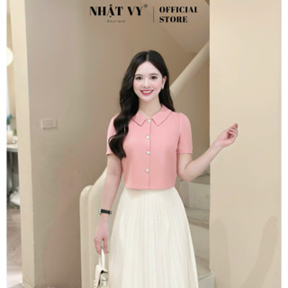 Áo nữ Nhật Vy cổ tròn bèo cúc kiểu tay ngắn chất lụa công sở dự tiệc màu nâu trắng đen hồng - D3362