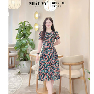 Đầm hoa nữ Nhật Vy cổ tròn tay ngắn nhấn eo cách điệu dáng xoè chất lụa công sở dự tiệc màu đen xanh vàng - D3384
