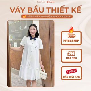 [MỚI VỀ] Váy Bầu Suông Đuôi Cá Cổ Thủy Navy Chất Vải Xước Ý Thêu Chữ JM Cách Điệu – Joamom JTVB155