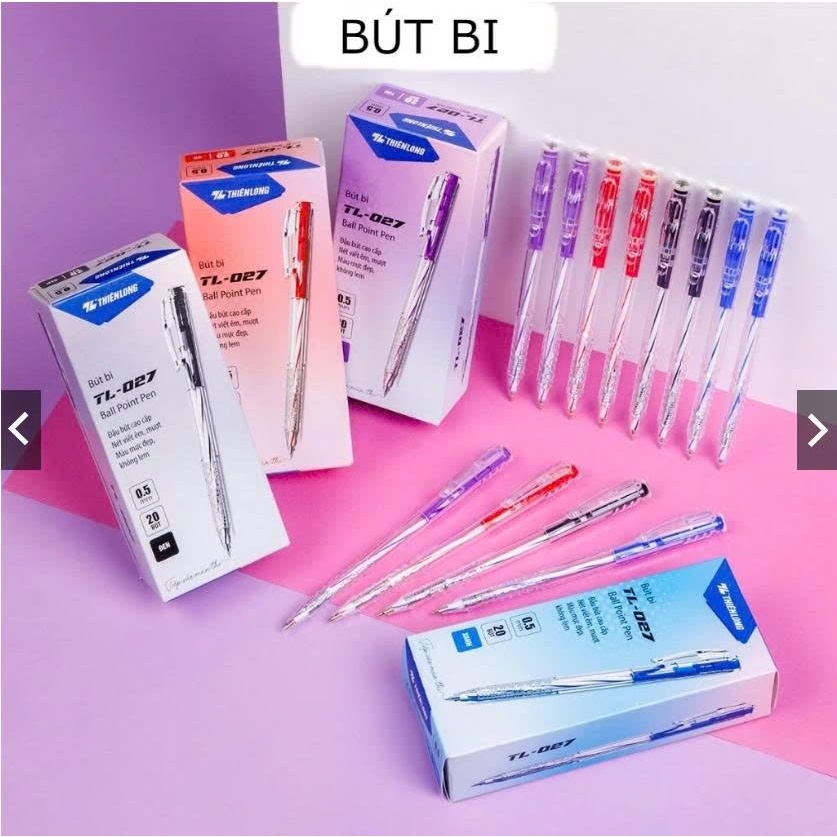 Hộp bút bi Thiên Long 027/bút TL-027 ngòi 0,5mm mực xanh, đen, đỏ chính hãng, giá rẻ.