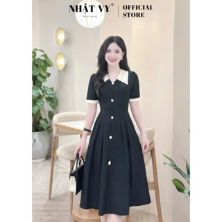 Đầm công sở Nhật Vy cổ tim phối bèo đính cúc bọc chất lụa phù hợp đi chơi - D3351