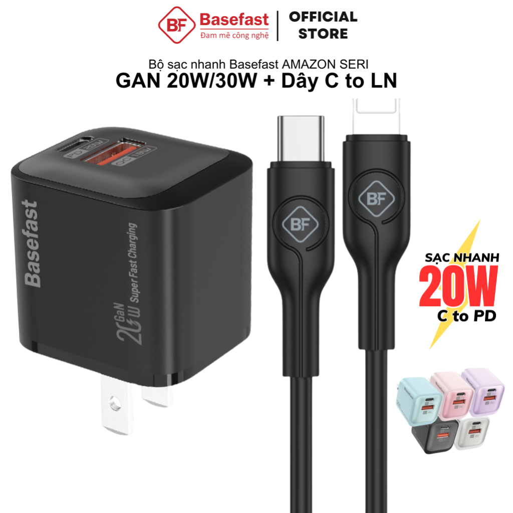 Bộ sạc nhanh 20W Basefast dùng cho xs max 11 12 13 14 .. Combo củ sạc GaN kèm dây silicon siêu bền