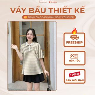 [MÀU MỚI] Áo Bầu Thun Cotton Joamom Kẻ Dáng Suông Cổ Polo Tay Lửng Kẻ Nâu - Chất Thun Mềm Mát - JBAB018