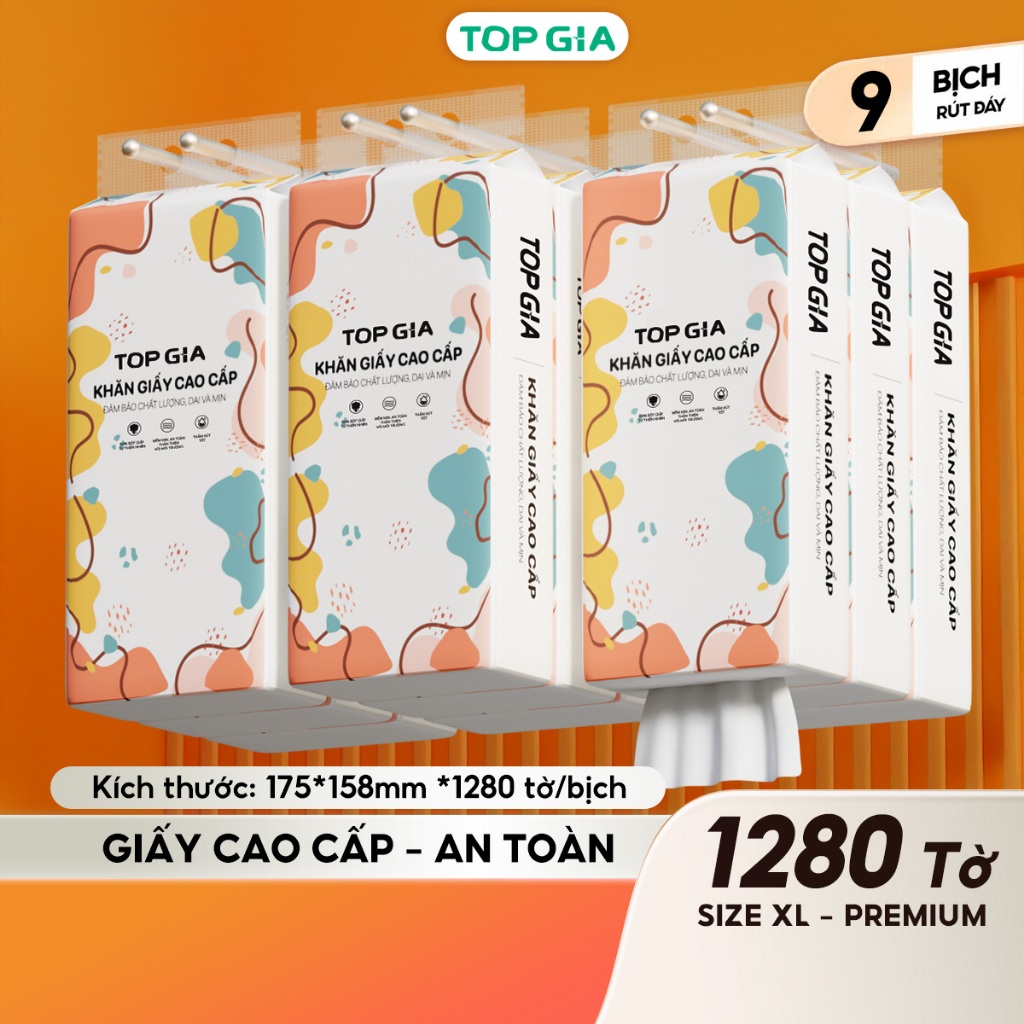 Khăn giấy rút Top Gia thùng 9 bịch thiết kế treo tường thông minh, tiện lợi, siêu dai và mềm mịn