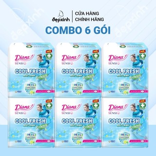 Lốc 6 gói băng vệ sinh Diana Sensi Cool Fresh kiểm soát mùi siêu mỏng cánh 8 miếng x 23cm