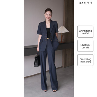 Áo blazer cộc tay nữ denim khuy đồng và Quần denim dáng suông HAGOO [ A651 - Q651]