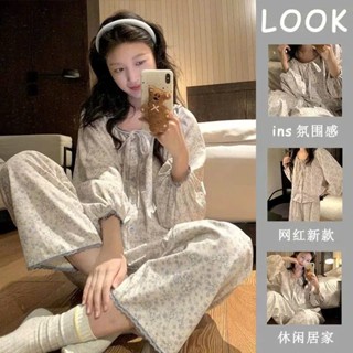 Bộ đồ ngủ nữ dài tay mặc nhà cotton mềm mại form rộng dễ thương tiểu thư nàng thơ thời trang thu đông 050