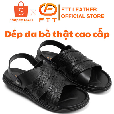 Dép da bò nam quai hậu phối họa tiết monogram FTT Leather đế cao su siêu nhẹ đi êm chân