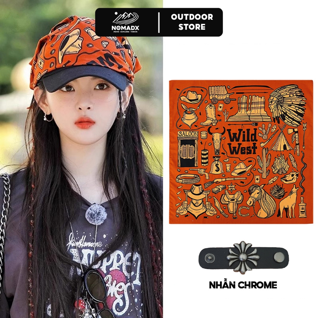 Khăn Bandana vuông họa tiết cổ điển cao bồi chất liệu cotton thô size 55x55cm thời trang